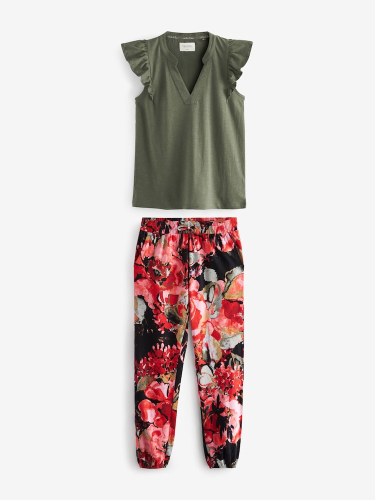 Khaki/Red Floral Cotton Pyjamas - Image 6 of 9