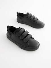 Black Wide Fit (G) Leather 3 Strap Touch Fastening School Shoes - Image 1 of 6