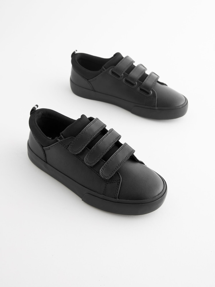 Black Wide Fit (G) Leather 3 Strap Touch Fastening School Shoes - Image 1 of 6
