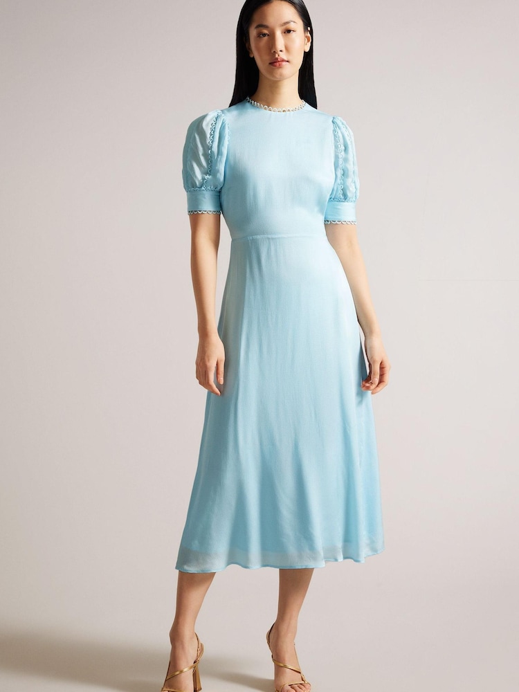 Ted Baker Sky Blue Azilea Puff Sleeve Midi Tea Dress - Image 1 of 5