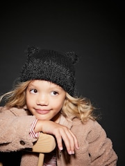 Black Cat Ears Double Pom Pom Rib Beanie Hat (3-16yrs) - Image 1 of 5