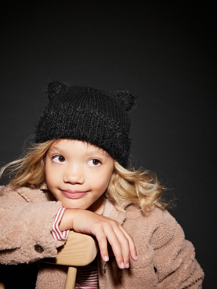 Black Cat Ears Double Pom Pom Rib Beanie Hat (3-16yrs) - Image 1 of 5