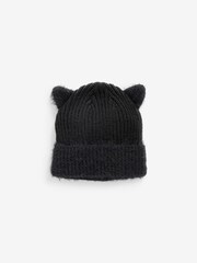 Black Cat Ears Double Pom Pom Rib Beanie Hat (3-16yrs) - Image 4 of 5