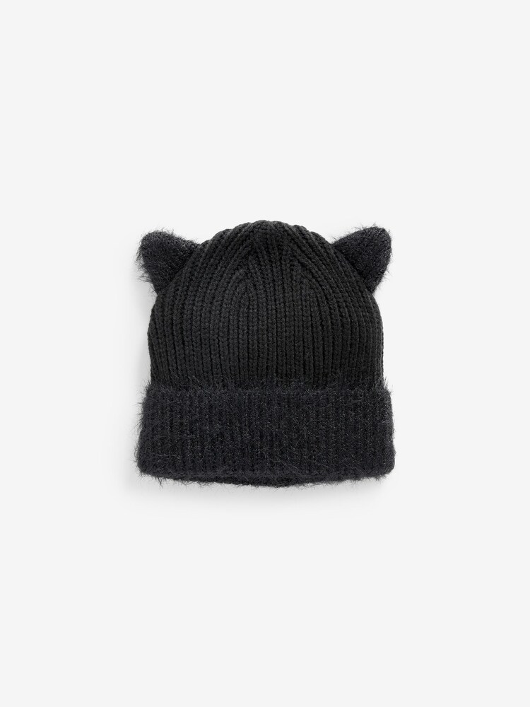 Black Cat Ears Double Pom Pom Rib Beanie Hat (3-16yrs) - Image 4 of 5