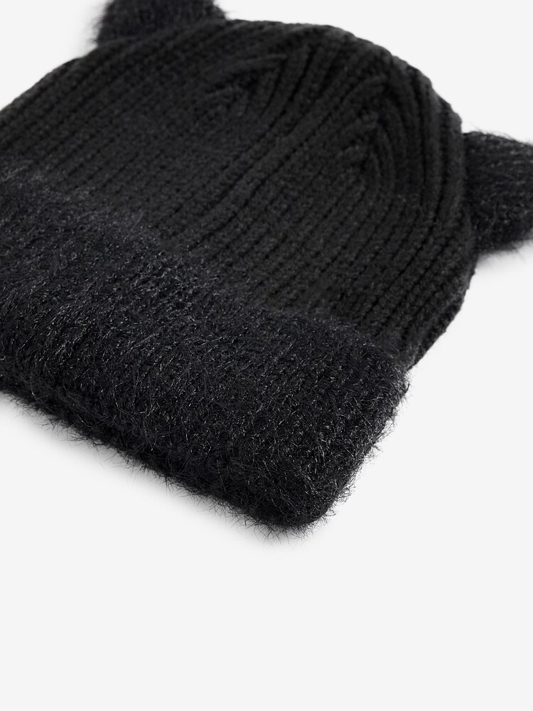 Black Cat Ears Double Pom Pom Rib Beanie Hat (3-16yrs) - Image 5 of 5
