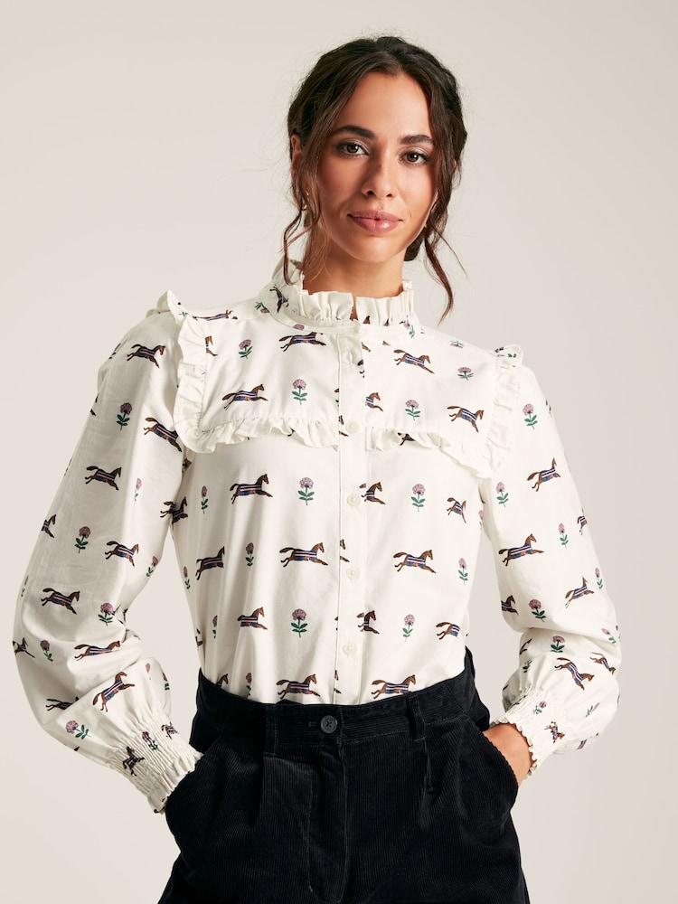 Joules Henrietta Cream Horse Print Frill Blouse - Image 1 of 8