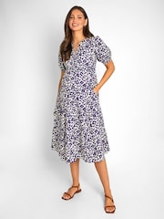 JoJo Maman Bébé Blue Floral Animal Print Tiered Maternity Midi Shirt Dress - Image 1 of 5