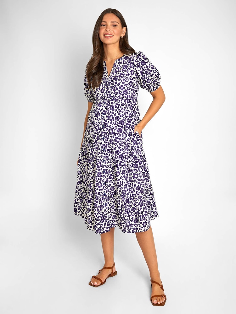 JoJo Maman Bébé Blue Floral Animal Print Tiered Maternity Midi Shirt Dress - Image 1 of 5