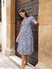 JoJo Maman Bébé Blue Floral Animal Print Tiered Maternity Midi Shirt Dress - Image 3 of 5