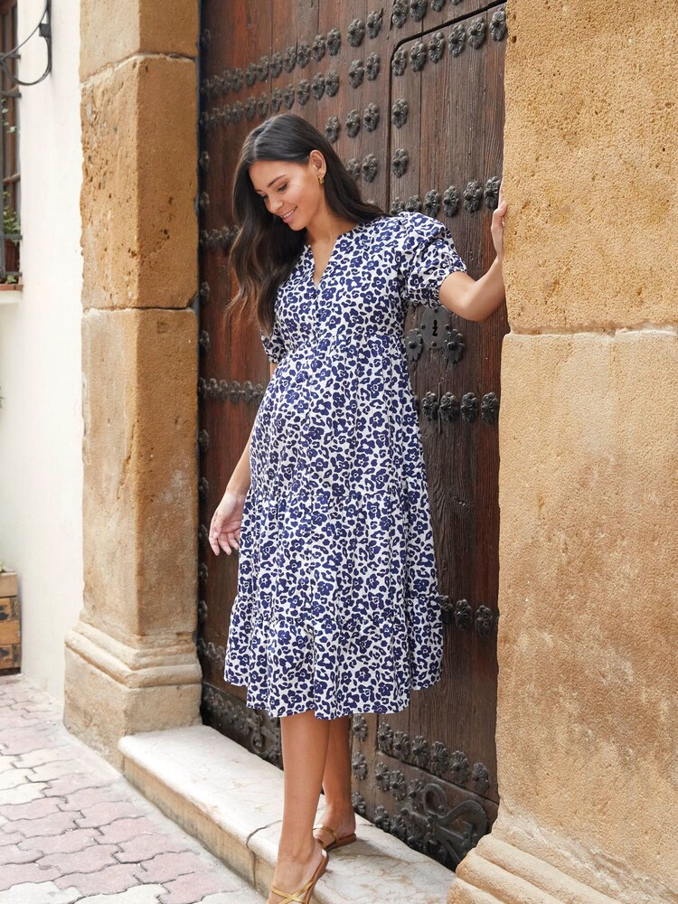 JoJo Maman Bébé Blue Floral Animal Print Tiered Maternity Midi Shirt Dress - Image 3 of 5