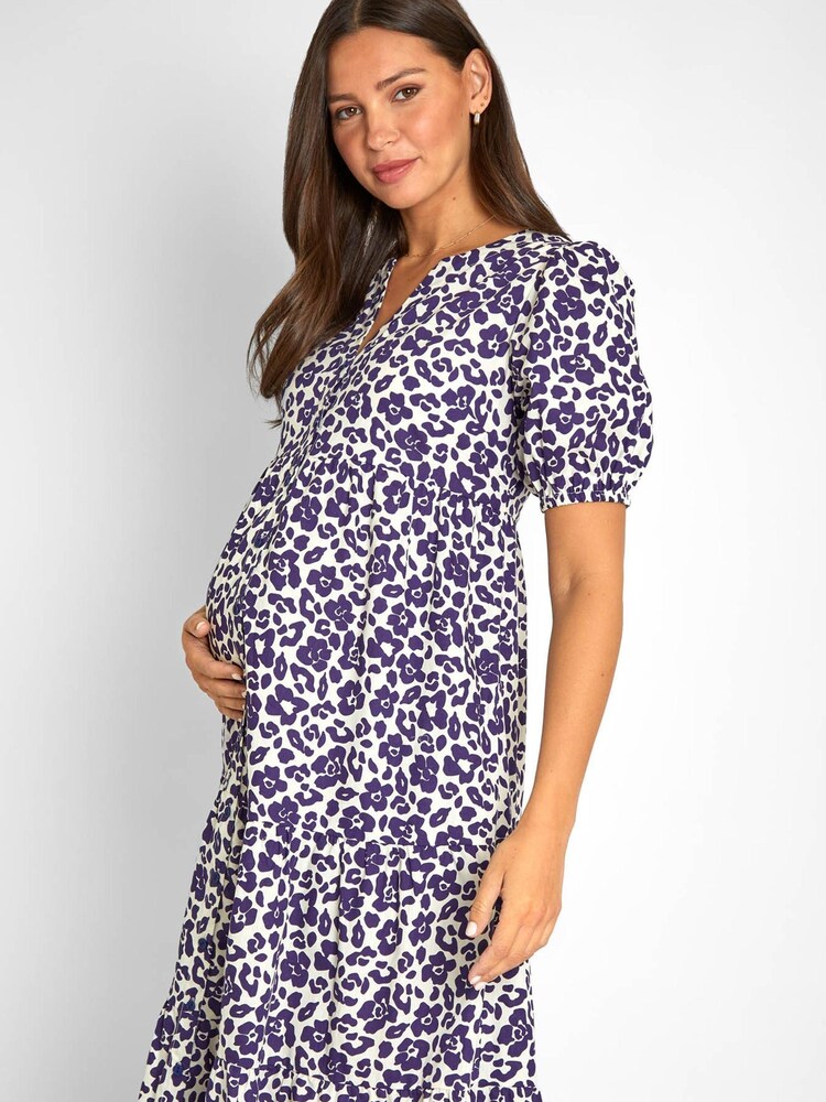 JoJo Maman Bébé Blue Floral Animal Print Tiered Maternity Midi Shirt Dress - Image 4 of 5