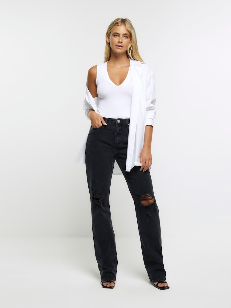 River Island Black High Rise Straight Ripped Jeans - Image 1 of 5 River Island Black High Rise Straight Ripped Jeans - Image 1 of 5