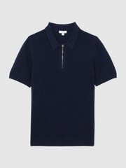 Reiss Navy Fizz Knitted Half-Zip Polo T-Shirt - Image 2 of 5