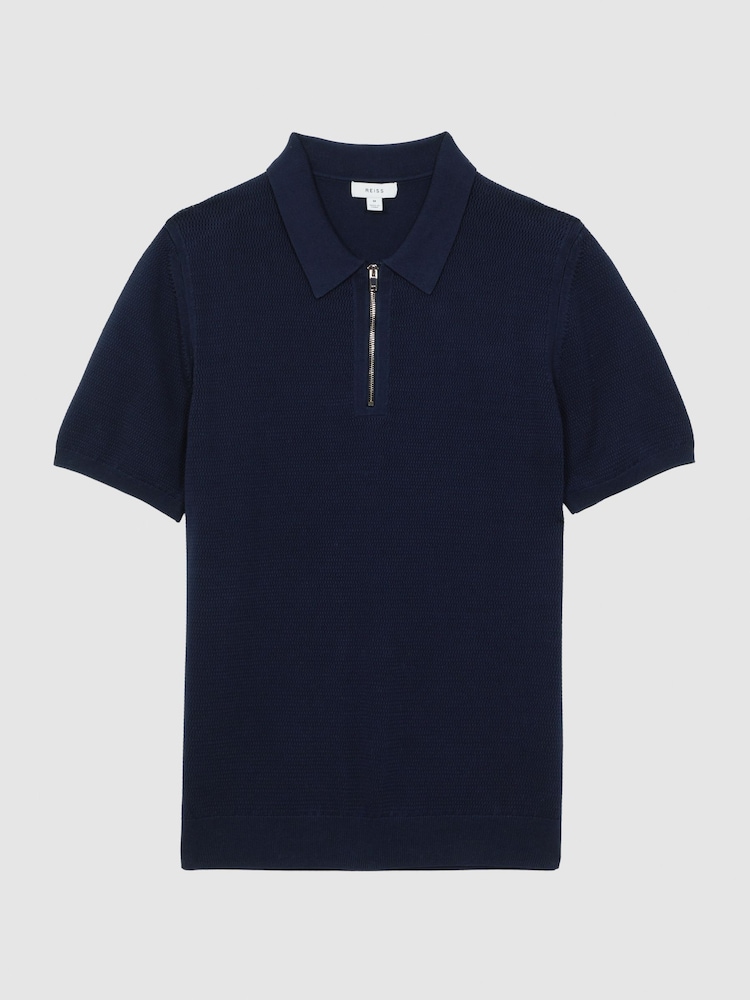 Reiss Navy Fizz Knitted Half-Zip Polo T-Shirt - Image 2 of 5