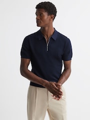 Reiss Navy Fizz Knitted Half-Zip Polo T-Shirt - Image 4 of 5