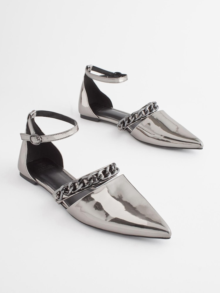 Pewter Silver Forever Comfort® Point Toe Chain Trim Flats - Image 1 of 6 Pewter Silver Forever Comfort® Point Toe Chain Trim Flats - Image 1 of 6