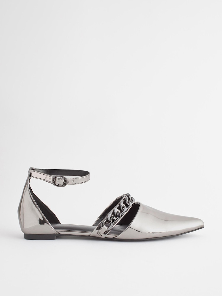 Pewter Silver Forever Comfort® Point Toe Chain Trim Flats - Image 2 of 6 Pewter Silver Forever Comfort® Point Toe Chain Trim Flats - Image 2 of 6