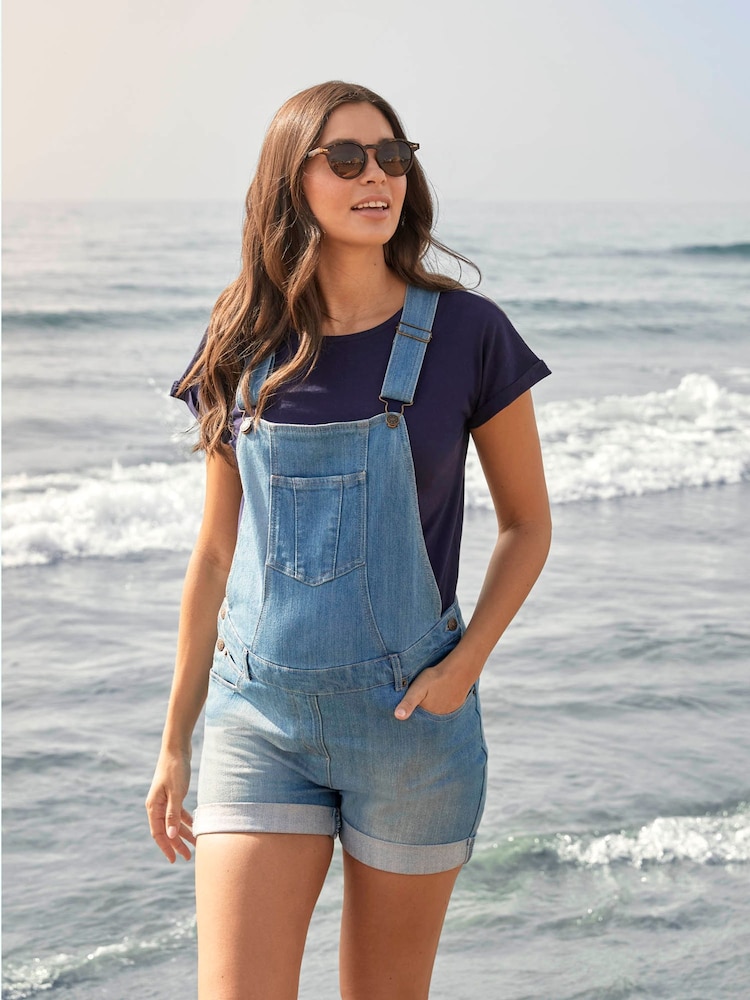 JoJo Maman Bébé Light Wash Blue Denim Short Maternity Dungarees - Image 1 of 7