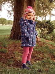 JoJo Maman Bébé Navy Blue Butterfly Hooded Cosy Lined Printed Parka Jacket - Image 1 of 8