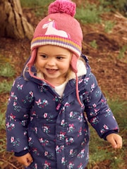 JoJo Maman Bébé Navy Blue Butterfly Hooded Cosy Lined Printed Parka Jacket - Image 3 of 8