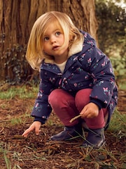JoJo Maman Bébé Navy Blue Butterfly Hooded Cosy Lined Printed Parka Jacket - Image 4 of 8