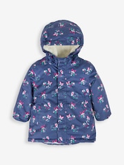 JoJo Maman Bébé Navy Blue Butterfly Hooded Cosy Lined Printed Parka Jacket - Image 5 of 8