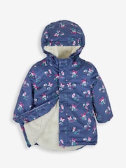 JoJo Maman Bébé Navy Blue Butterfly Hooded Cosy Lined Printed Parka Jacket - Image 6 of 8