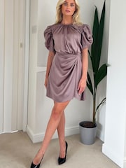 AX Paris Purple Short Puff Sleeve Gathered Side Mini Dress - Image 1 of 3
