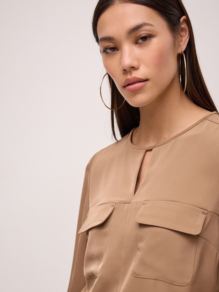 Neutral Utility Double Chest Pocket Long Sleeve Blouse - Image 6 of 8