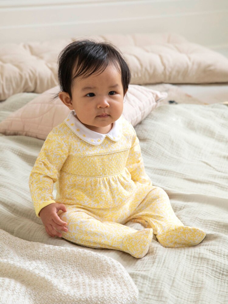 JoJo Maman Bébé Yellow Floral Smocked Cotton Baby Sleepsuit - Image 1 of 5