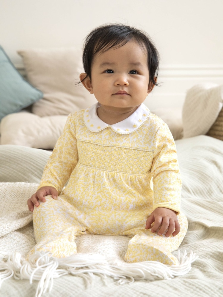 JoJo Maman Bébé Yellow Floral Smocked Cotton Baby Sleepsuit - Image 2 of 5