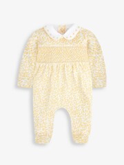 JoJo Maman Bébé Yellow Floral Smocked Cotton Baby Sleepsuit - Image 4 of 5