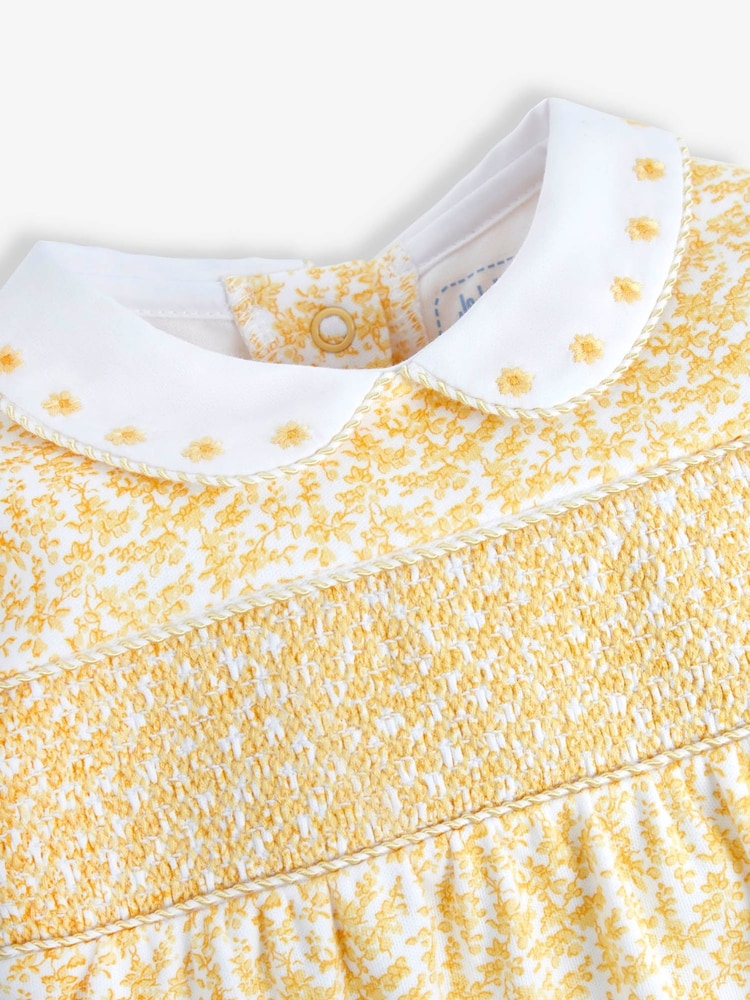 JoJo Maman Bébé Yellow Floral Smocked Cotton Baby Sleepsuit - Image 5 of 5