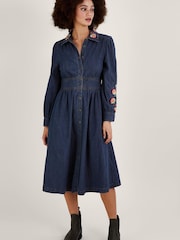Monsoon Blue Embroidered Denim Midi Shirt Dress - Image 1 of 4