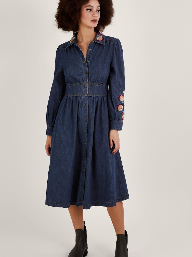 Monsoon Blue Embroidered Denim Midi Shirt Dress - Image 1 of 4