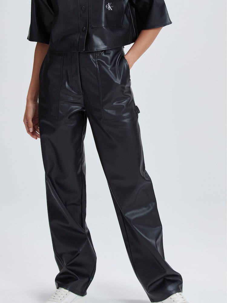 Calvin Klein Jeans High Rise Straight Faux Leather Black Trousers - Image 1 of 6 Calvin Klein Jeans High Rise Straight Faux Leather Black Trousers - Image 1 of 6