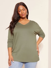 Friends Like These Khaki Green Curve Soft Jersey V Neck Long Sleeve Tunic Top - Image 1 of 4