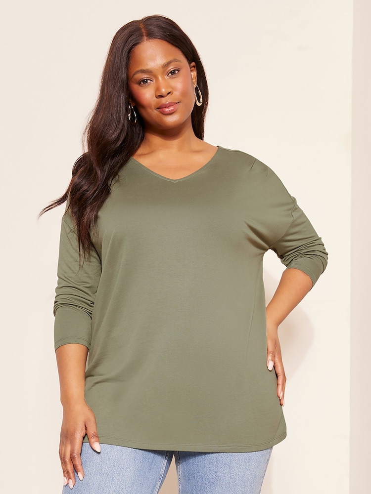 Friends Like These Khaki Green Curve Soft Jersey V Neck Long Sleeve Tunic Top - Image 1 of 4