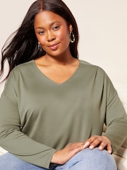 Friends Like These Khaki Green Curve Soft Jersey V Neck Long Sleeve Tunic Top - Image 2 of 4