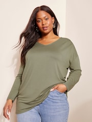 Friends Like These Khaki Green Curve Soft Jersey V Neck Long Sleeve Tunic Top - Image 4 of 4