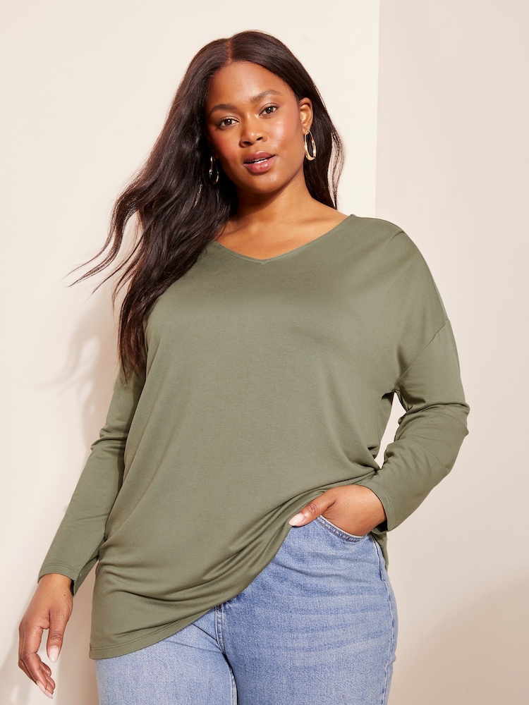 Friends Like These Khaki Green Curve Soft Jersey V Neck Long Sleeve Tunic Top - Image 4 of 4