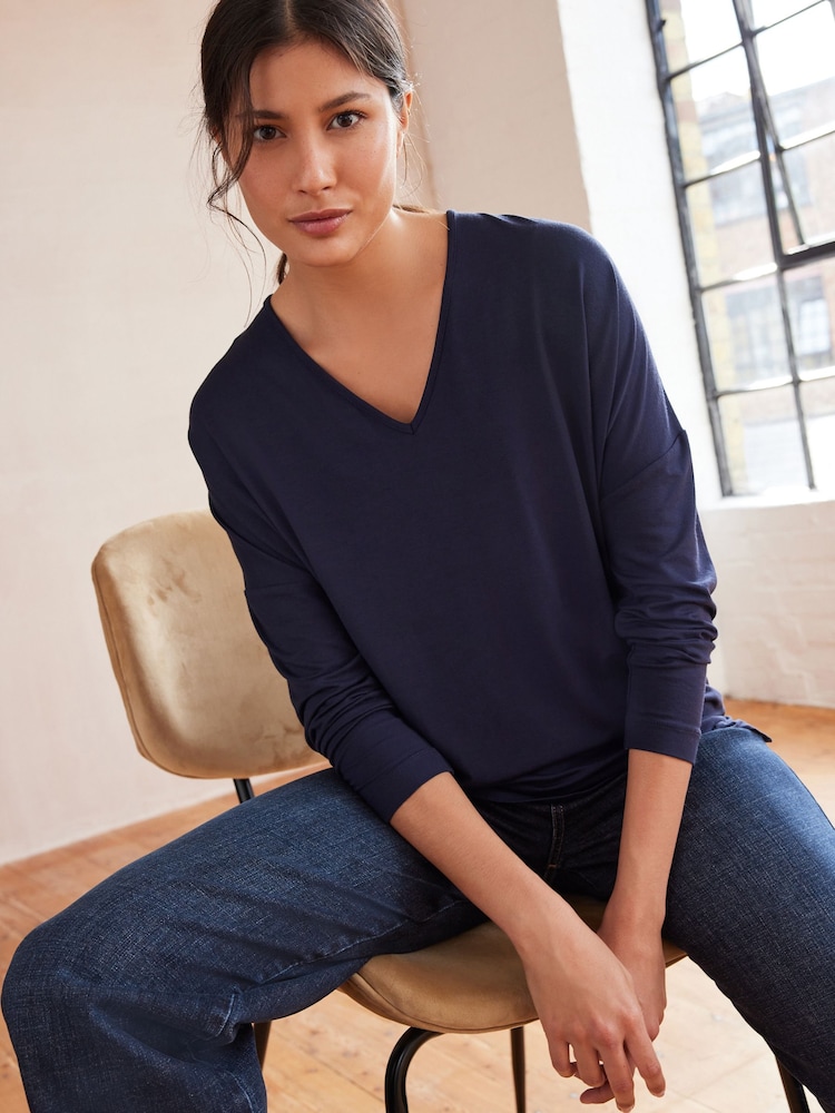 Navy Blue Long Sleeve Tunic Top - Image 1 of 7 Navy Blue Long Sleeve Tunic Top - Image 1 of 7