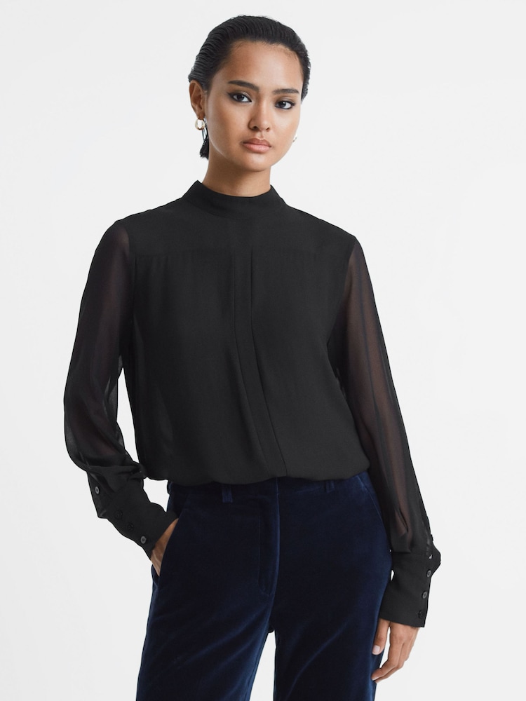 Noir - Blouse transparente à col montant Reiss Riley - Image 1 of 6