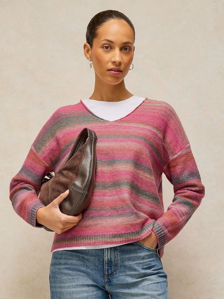 White Stuff Pink Spacedye V-Neck Jumper - Image 1 of 6