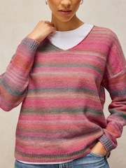 White Stuff Pink Spacedye V-Neck Jumper - Image 4 of 6