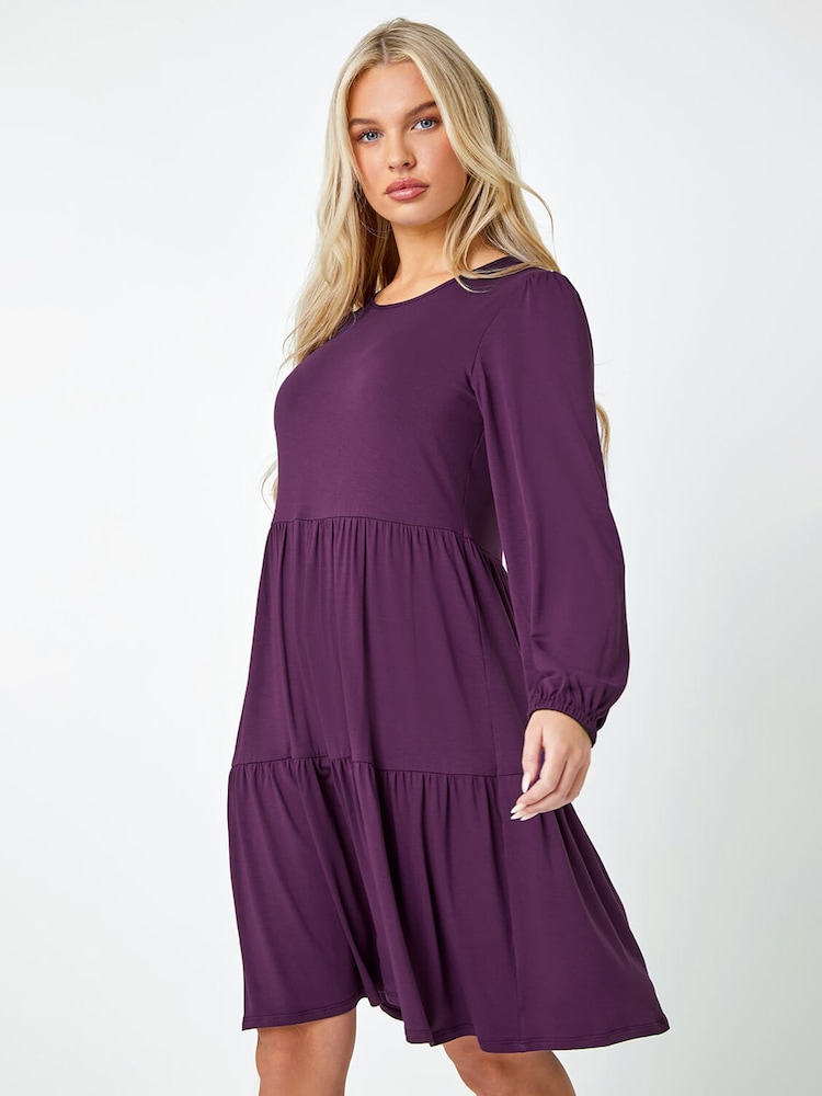 Roman Purple Plain Tiered Stretch Dress - Image 1 of 5