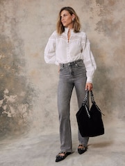 Mint Velvet Grey 100% Cotton  Washed Wide Jeans - Image 2 of 8