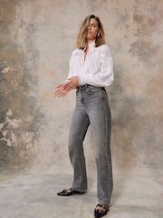 Mint Velvet Grey 100% Cotton  Washed Wide Jeans - Image 5 of 8