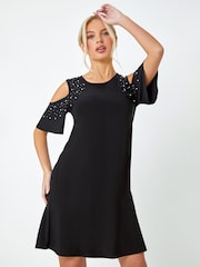 Roman Black Sparkle Cold Shoulder Dress - Image 1 of 5