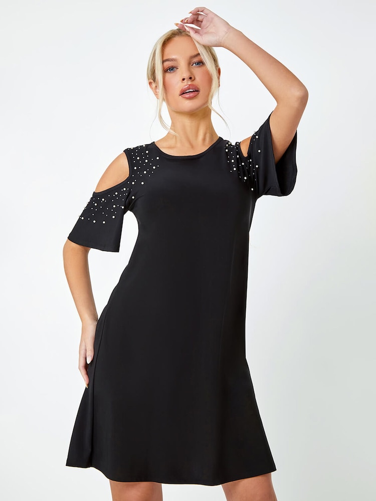 Roman Black Sparkle Cold Shoulder Dress - Image 1 of 5
